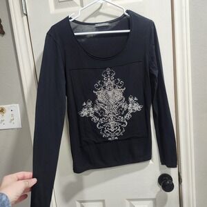 Nally & Millie Y2K Rhinestone Embellished Graphic Long Sleeve Top Black Medium